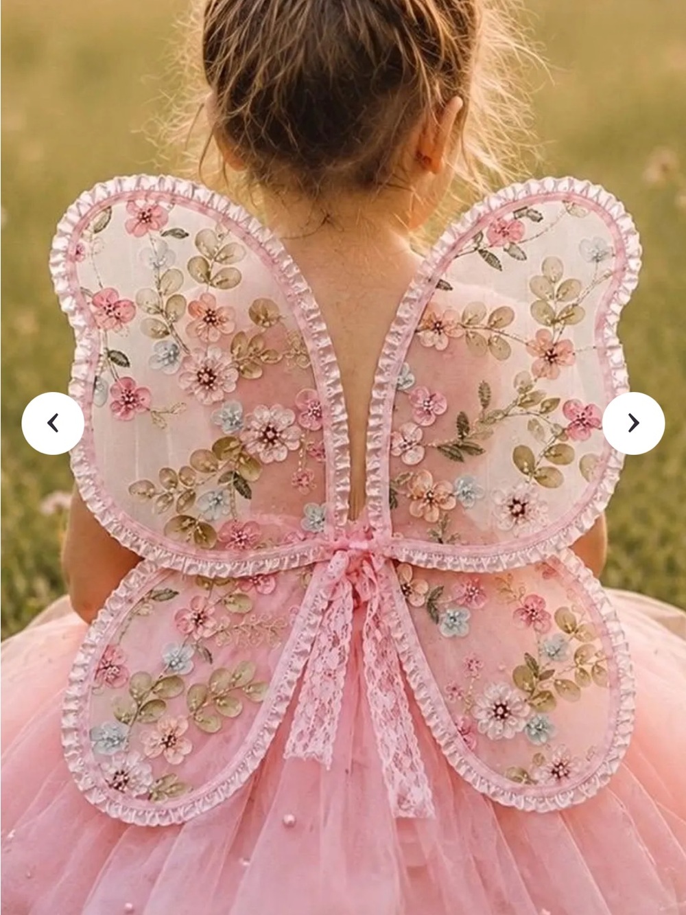 New Handmade Pink Floral Embroidered Sheer Butterfly Fairy Wings